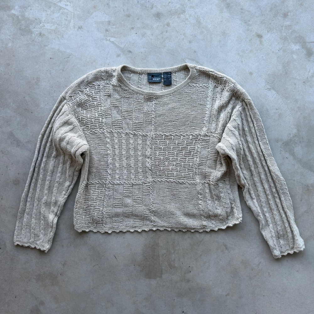 Lizwear Petite Oatmeal Beige Linen Cotton Patchwork Cable Knit Sweater Small